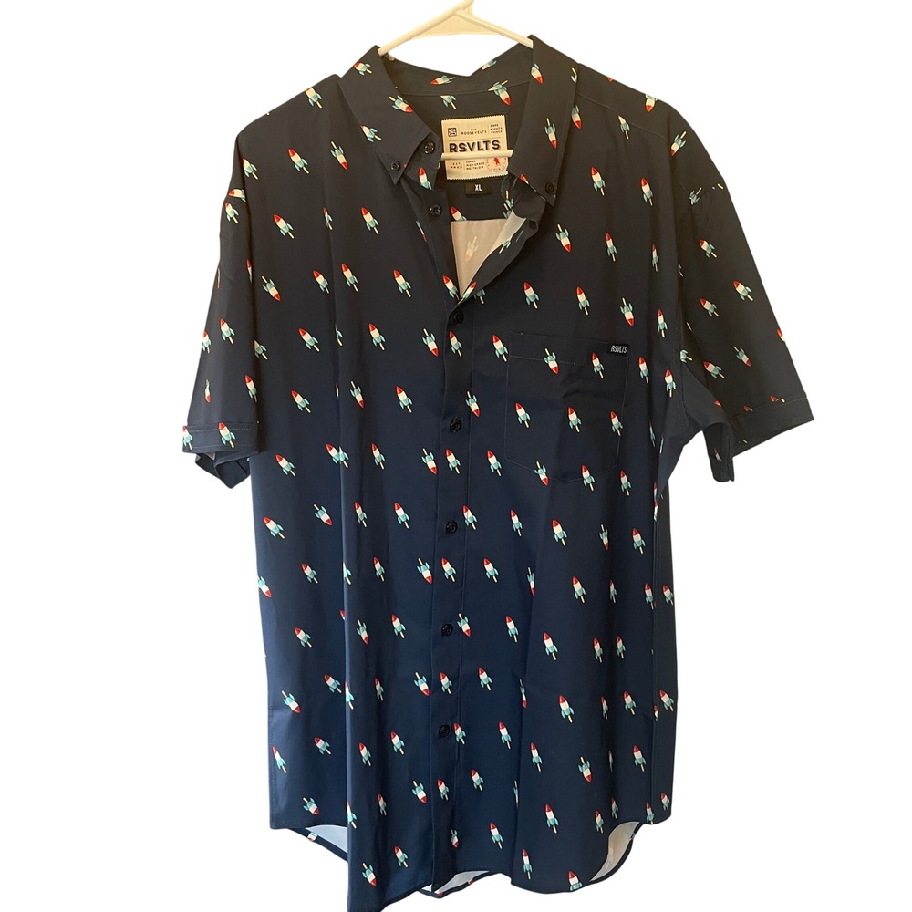 RSVLTS Men USA Rocket Pop Novelty Print Short Sleeve Button Down Shirt Size XL